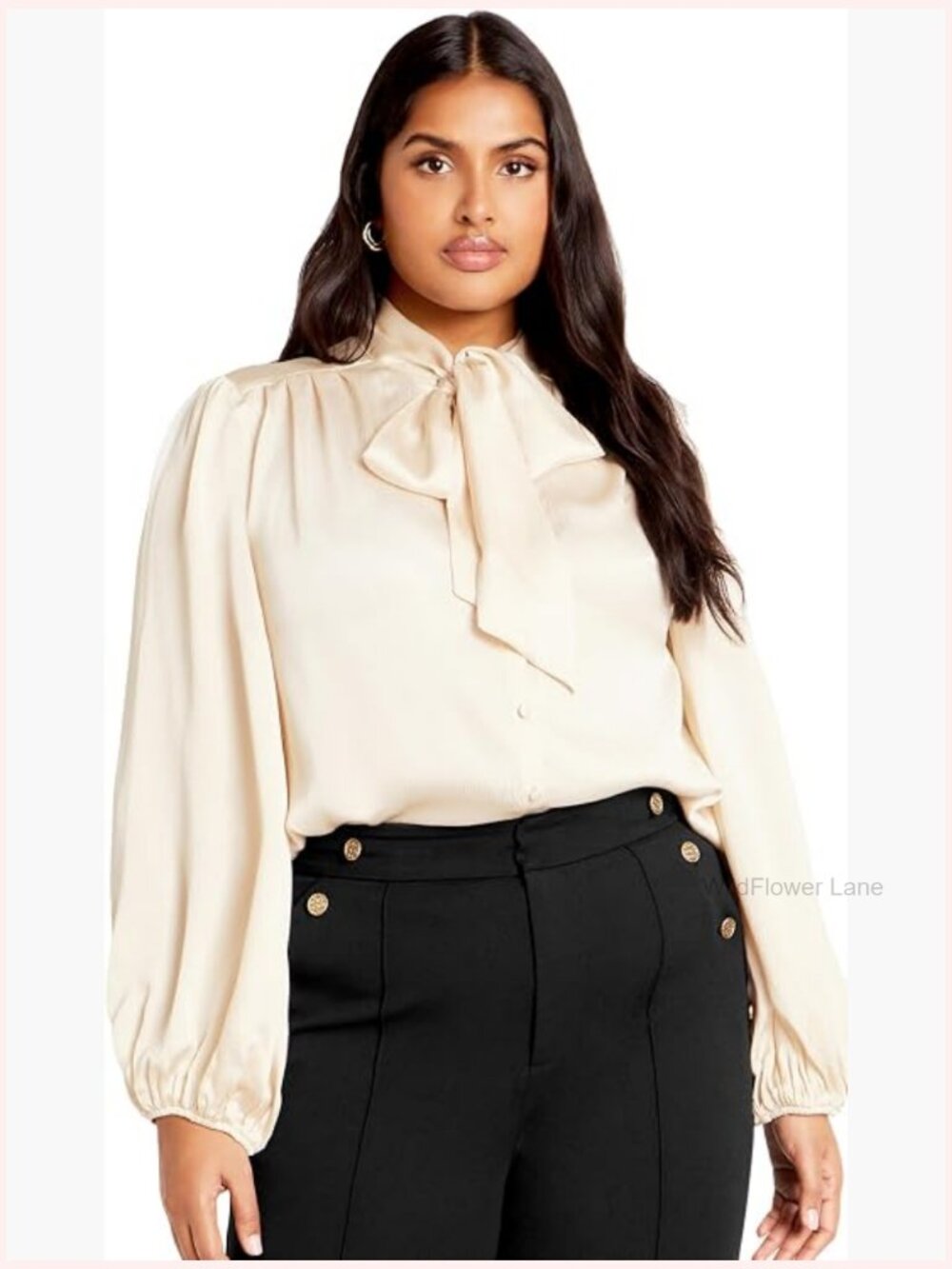 Women's Plus Size Blouse with Bow Tie Neck and Puff Sleeves